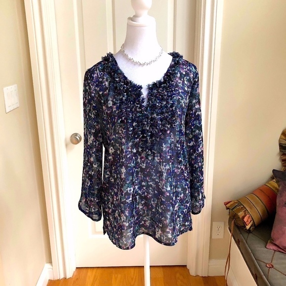 DKNY Sheer Top with Ruffled Split Neck in Blue Purple Green Multi w Silver (S) - Picture 1 of 7